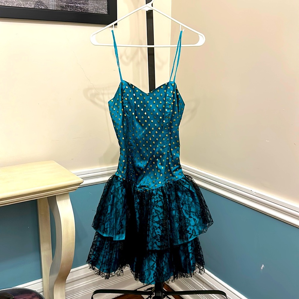 Vintage 80s Turquoise & Gold Polka Dot Lace Dress